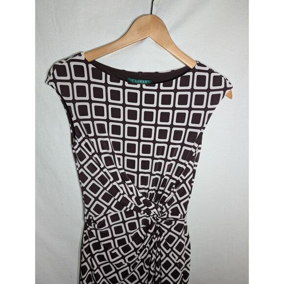 Lauren Ralph Lauren Womens Twist Front Sheath Dress Sz 2 Geometric Print Brown - Picture 3 of 7